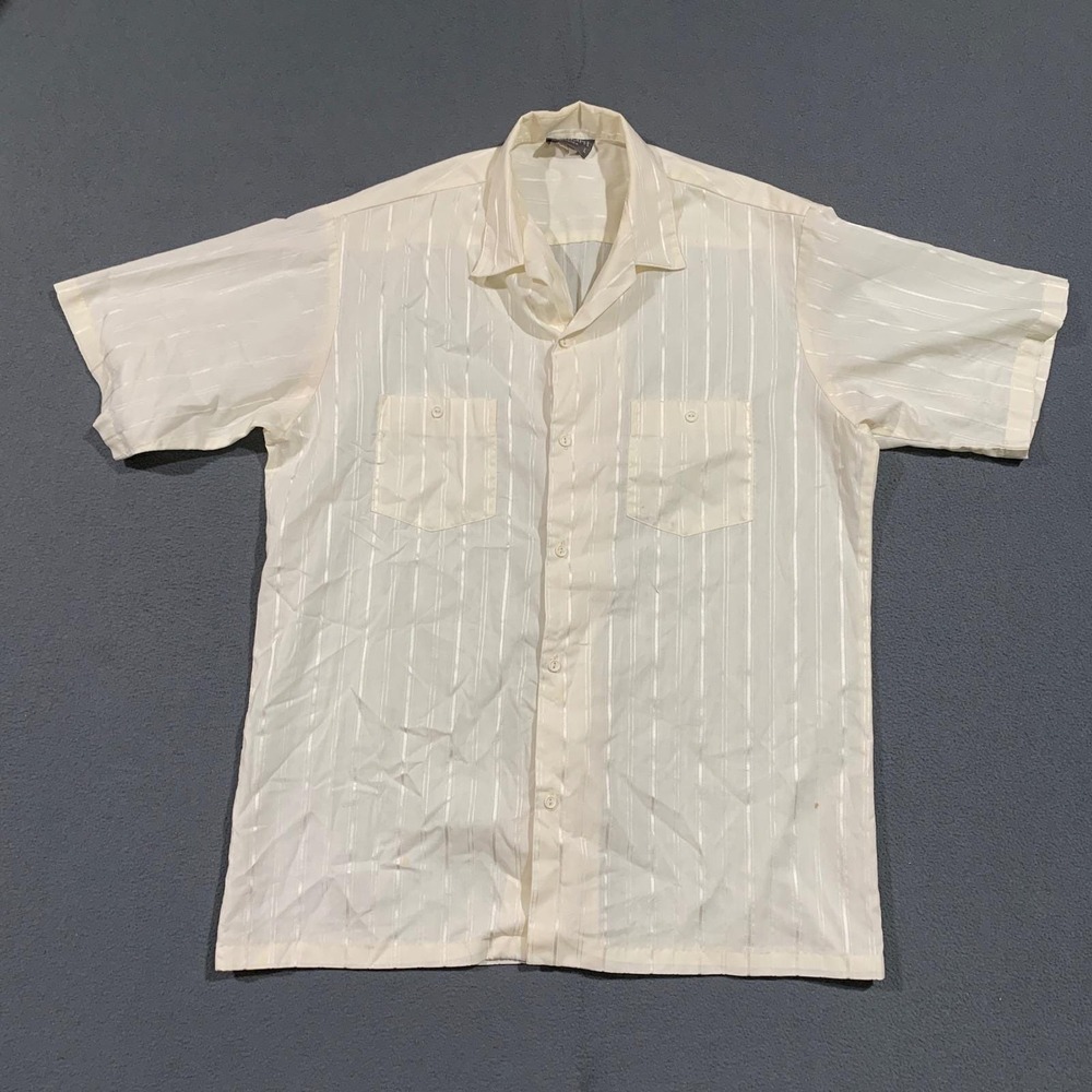 Vintage Triumph of California Mens Large Cream Satin Stripe Short Sleeve‎ Shirt